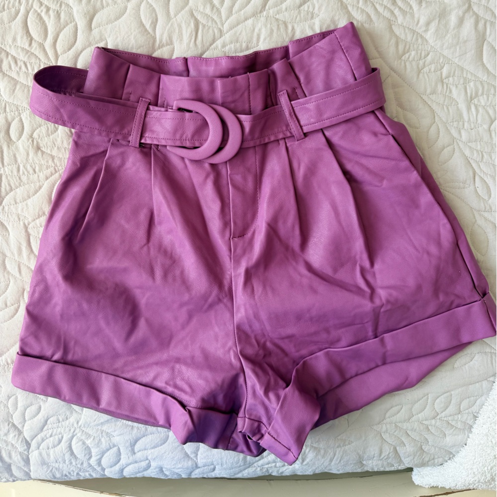 Purple Faux Leather Belted Waist Shorts